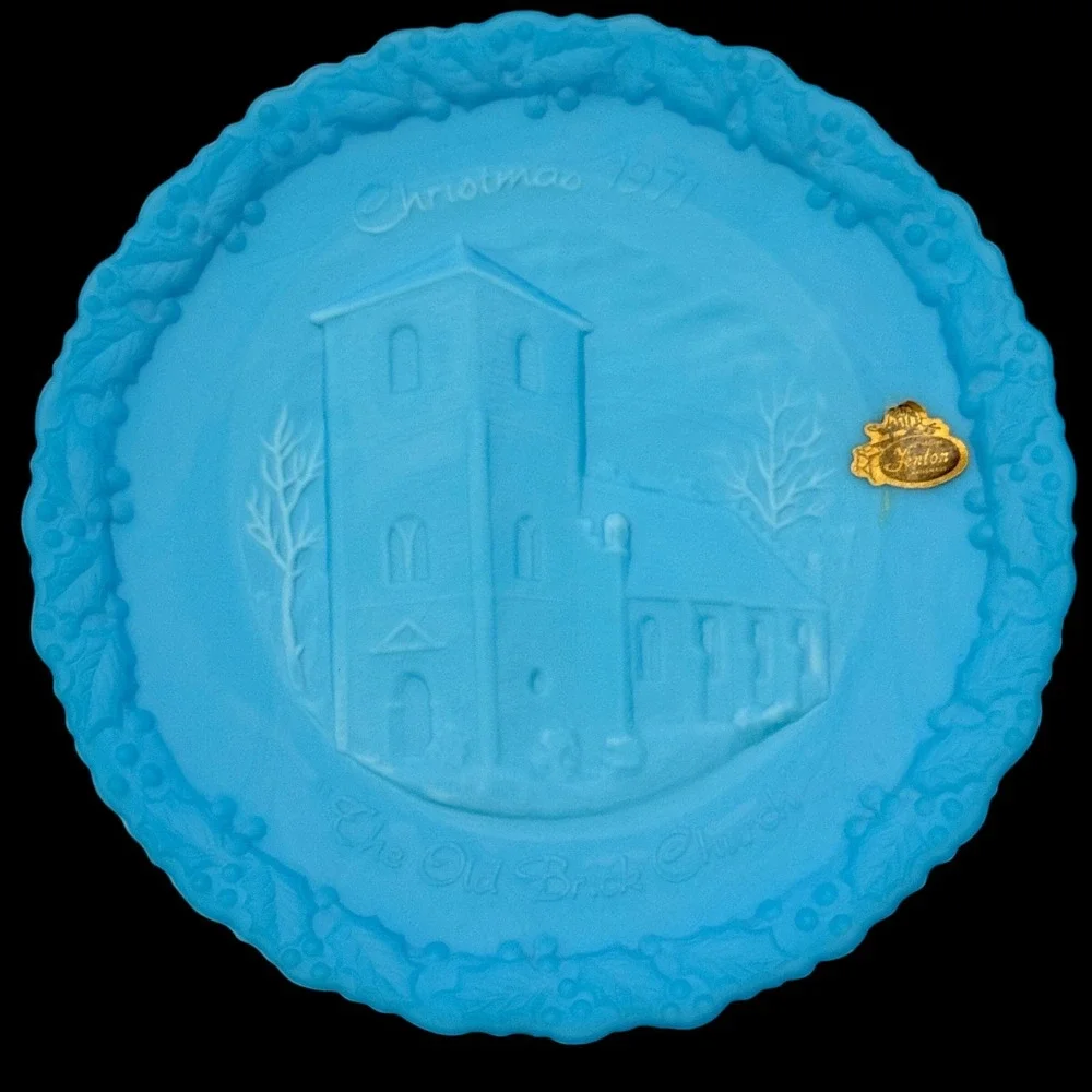 Fenton 1971 Christmas in America #2 Old Brick Church Blue Satin Glass Plate 8in
